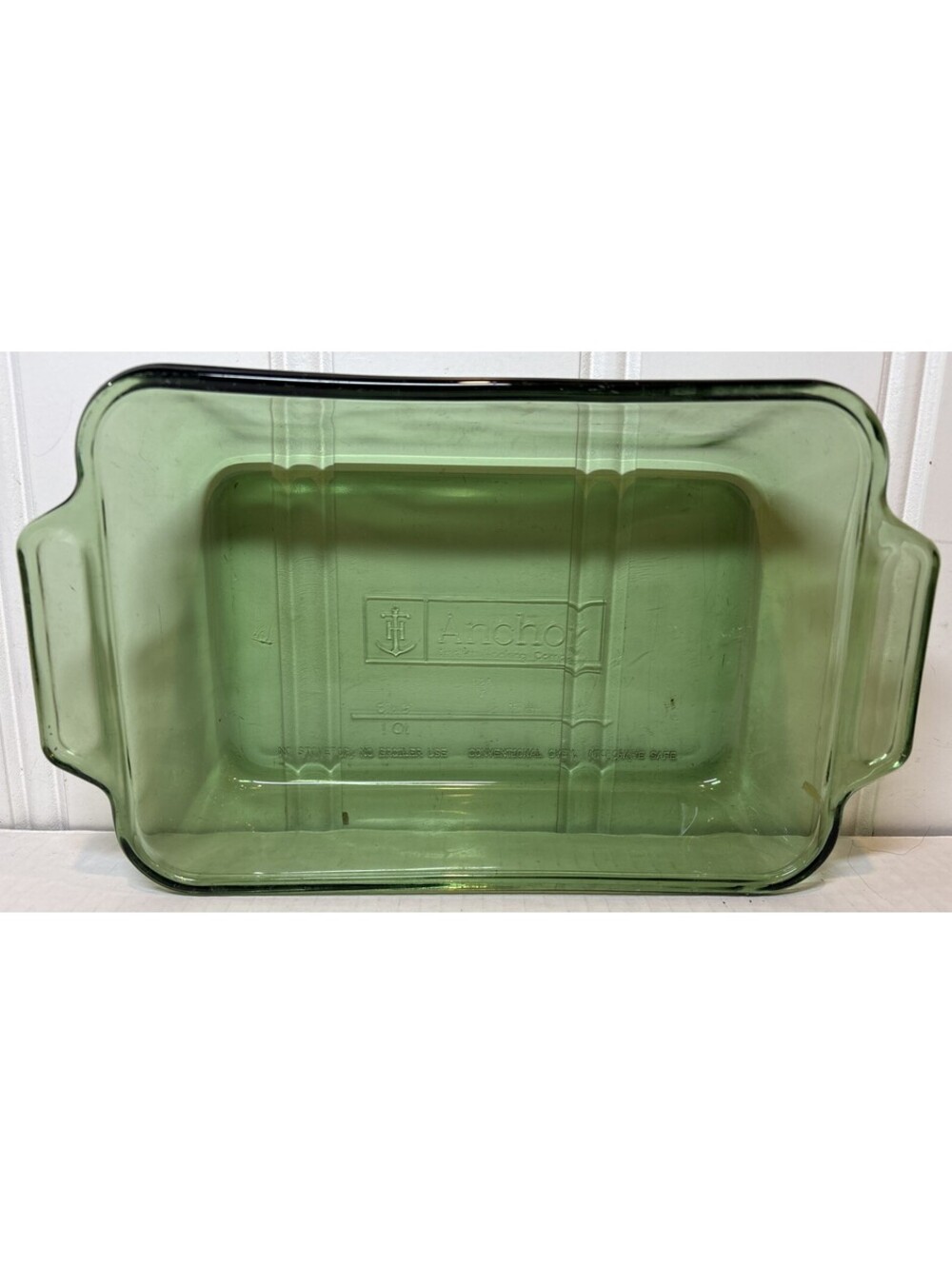 Vintage Anchor Hocking Green Clear Glass Casserole Baking Dish 1 Qt. 9”X6”USA